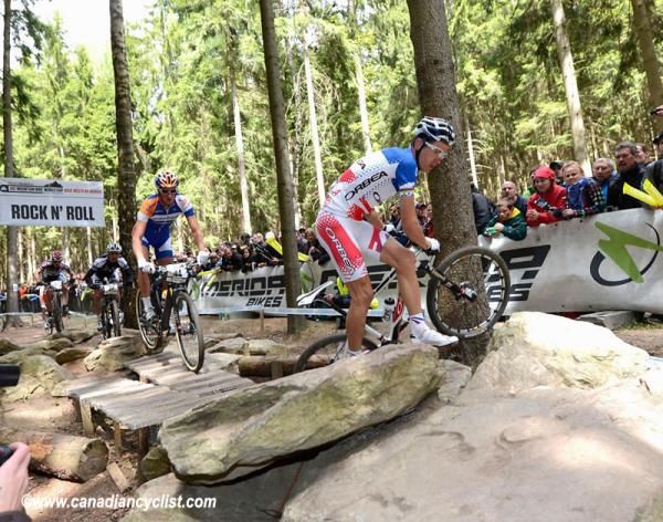 Julien Absalon crashed the first time through the rock garden