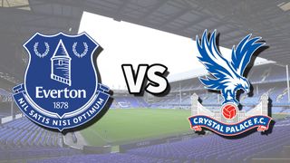 The Everton and Crystal Palace club badges on top of a photo of Goodison Park stadium in Liverpool, England