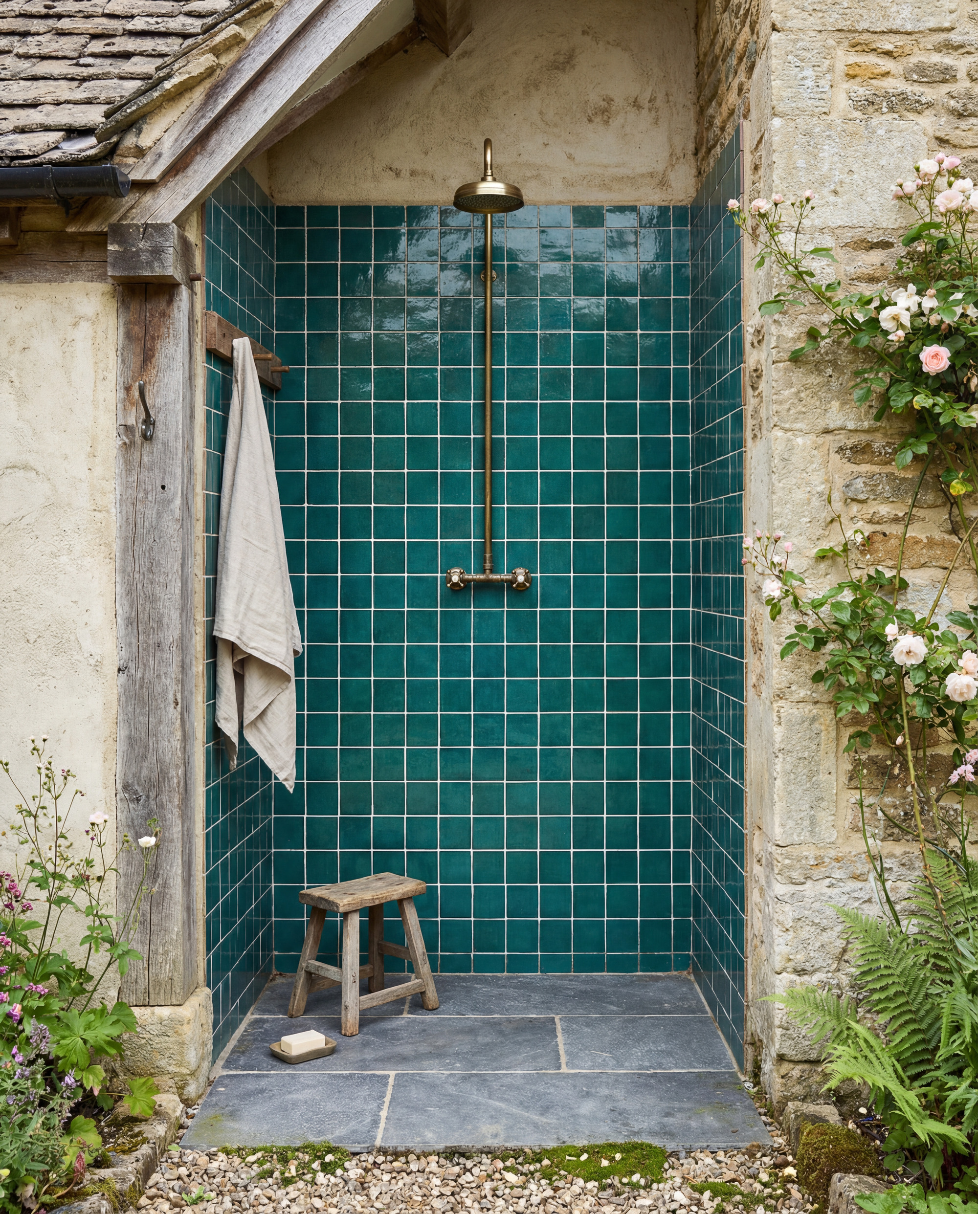 outdoor shower with teal glossy Ca' Pietra tiles, gray floor tiles, towel hang up, timber stool, brass shower, and climbing rose bush