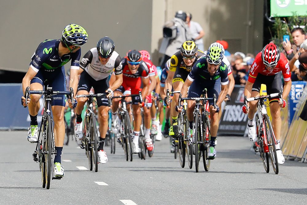 Jesus Herrada (Movistar) checks back as he approaches the finish of stage 2 at the Criterium du Dauphine