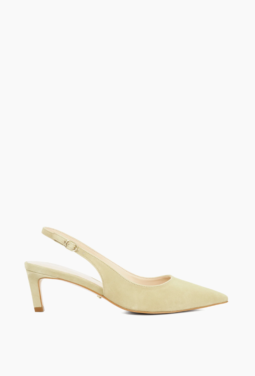 An image of green suede pointed-toe kitten heels from Dune London.