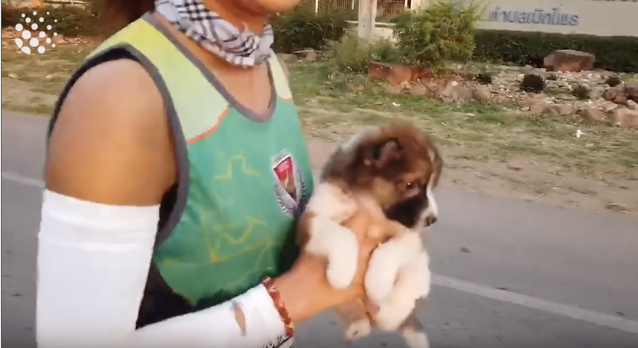 Khemjira Klongsanun runs with her new puppy.