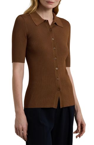 Lauren Ralph Lauren, Rib Knit Elbow Sleeve Polo Cardigan