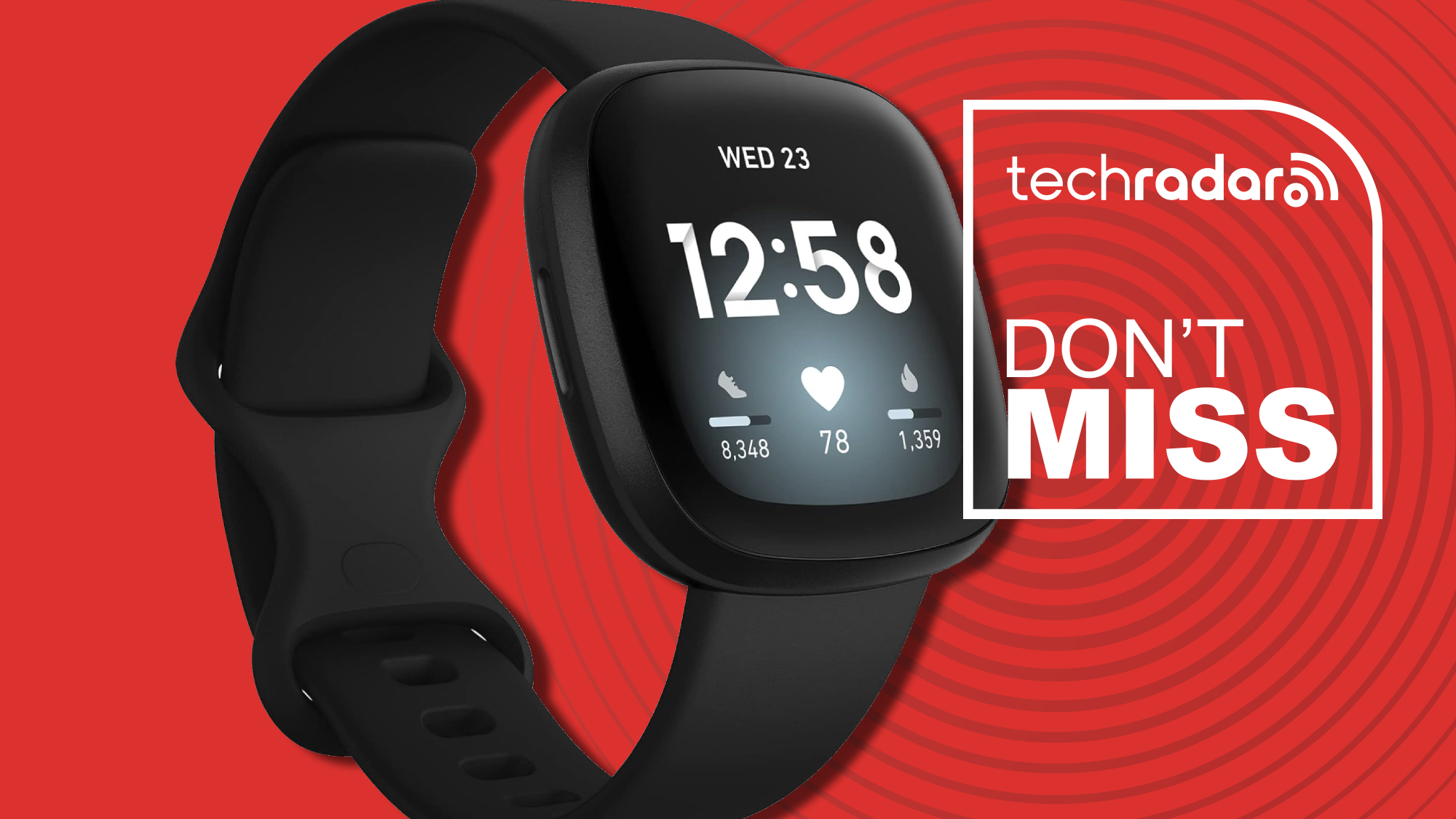 Fitbit Versa 3 on red background, with TR&#039;s Don&#039;t Miss branding