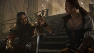 Fable 4 screenshot showing the hero holding a sword and sitting next to a man clad in armor called Humphrey