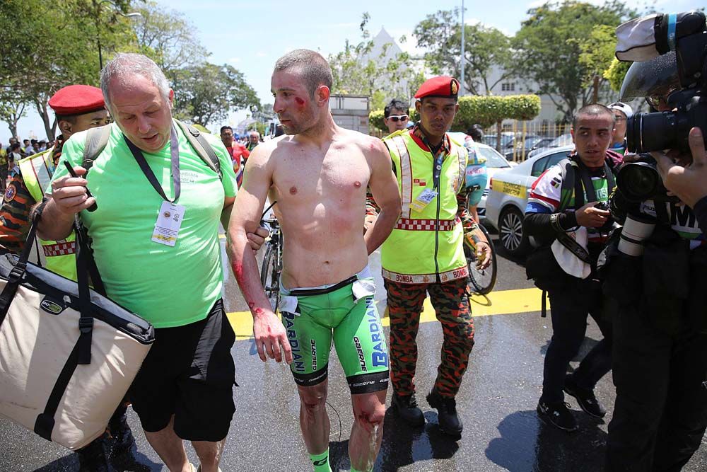 The Bardiani-CSF rider Nicola Ruffoni after his crash 100m from the finish