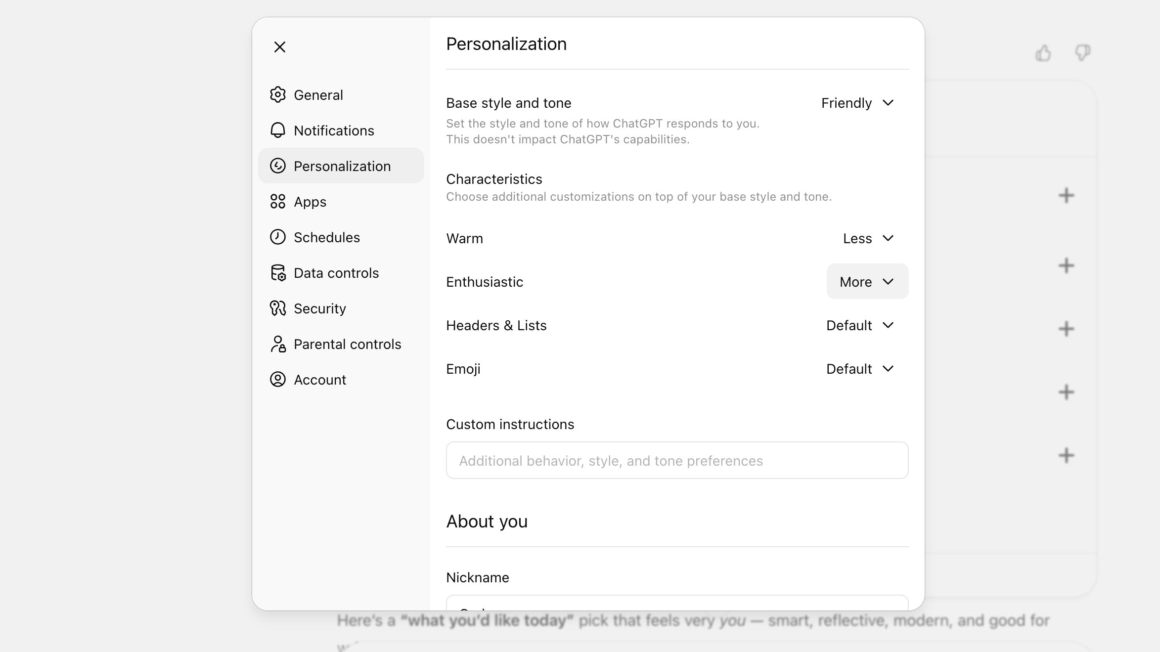 Persoanality and characteristic settings in ChatGPT