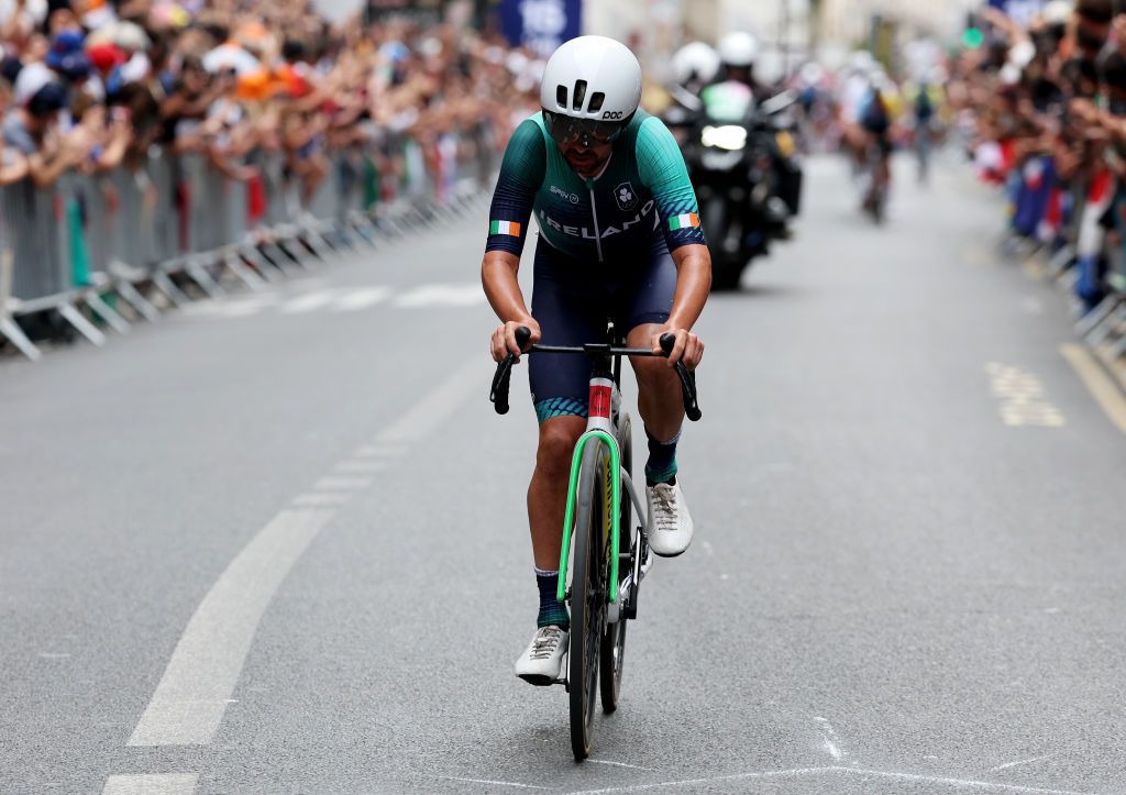 PARIS FRANCE AUGUST 03 Ben Healy of Team Ireland competes in the breakaway during the Mens Road Race on day eight of the Olympic Games Paris 2024 at trocadero on August 03 2024 in Paris France Photo by Tim de WaeleGetty Images
