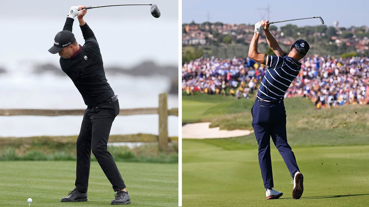 Justin Thomas at the top of his backswing and holding the finish position after hitting his golf shot