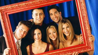 The Friends gang inside a large red decorative frame