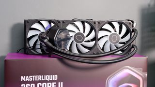A Cooler Master MasterLiquid 360 Core II liquid cooler set-up on a test bench.