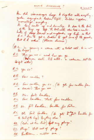 The Two Ronnies' 'Fork Handles' script written in red ink.