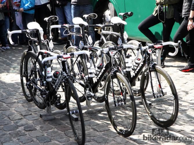 Trek Factory Racing's fleet of Madones and Domanes just before the start of Scheldeprijs