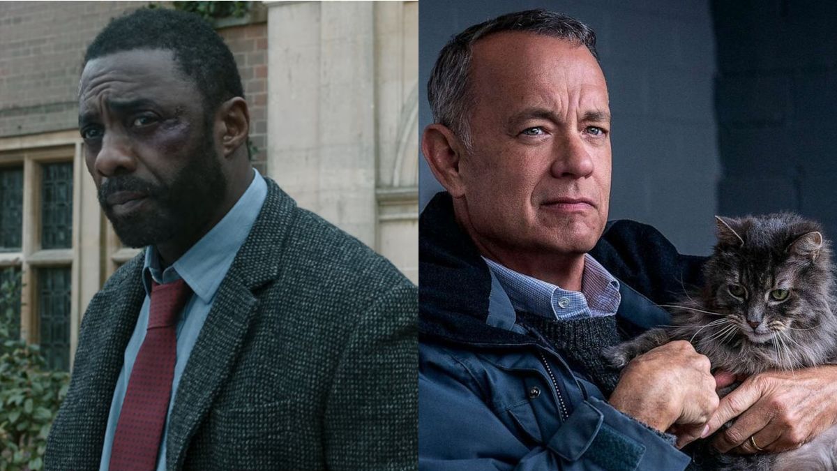 Idris Elba in Luther: The Fallen Sun and Tom Hanks in A Man Called Otto, pictured side by side.