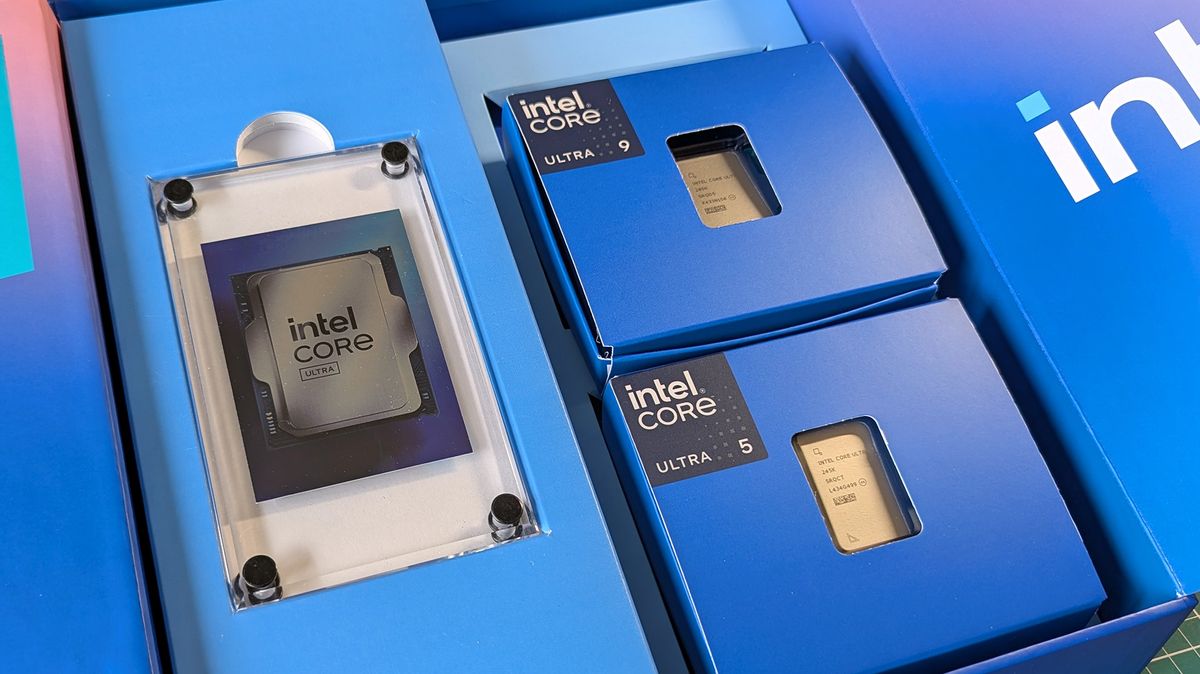 Intel Core Ultra 5 245K and Ultra 9 285K desktop processors in sample packaging for press