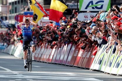 Remco Evenepoel celebrates 2022 Liege-Bastogne-Liege victory