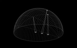 Digital art, black background, white dome shape with symmetrical lines, three beams inside the dome