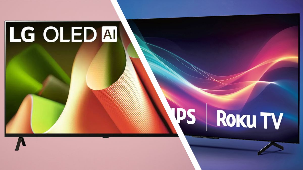 An LG OLED TV on the right, and a Philips Roku TV on the left