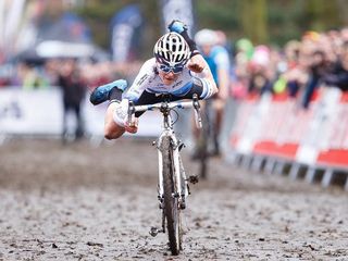 Young cyclocross sensation Tom Pidcock already has an array of celebrations in his locker, such as this superman pose in the European champion's jersey