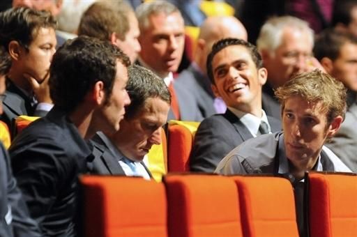 Andy Schleck (Saxo Bank) leans forward to discuss the 2010 Tour de France presentation