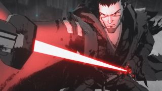 Ronin drawing red lightsaber from Star Wars: Visions short "The Duel"