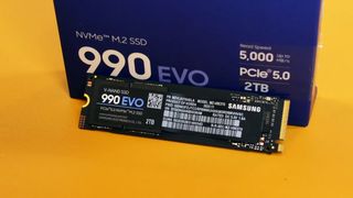 A Samsung 990 EVO SSD with its retail packaging