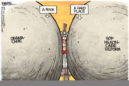 Political cartoon U.S. health care reform AHCA rock hard place