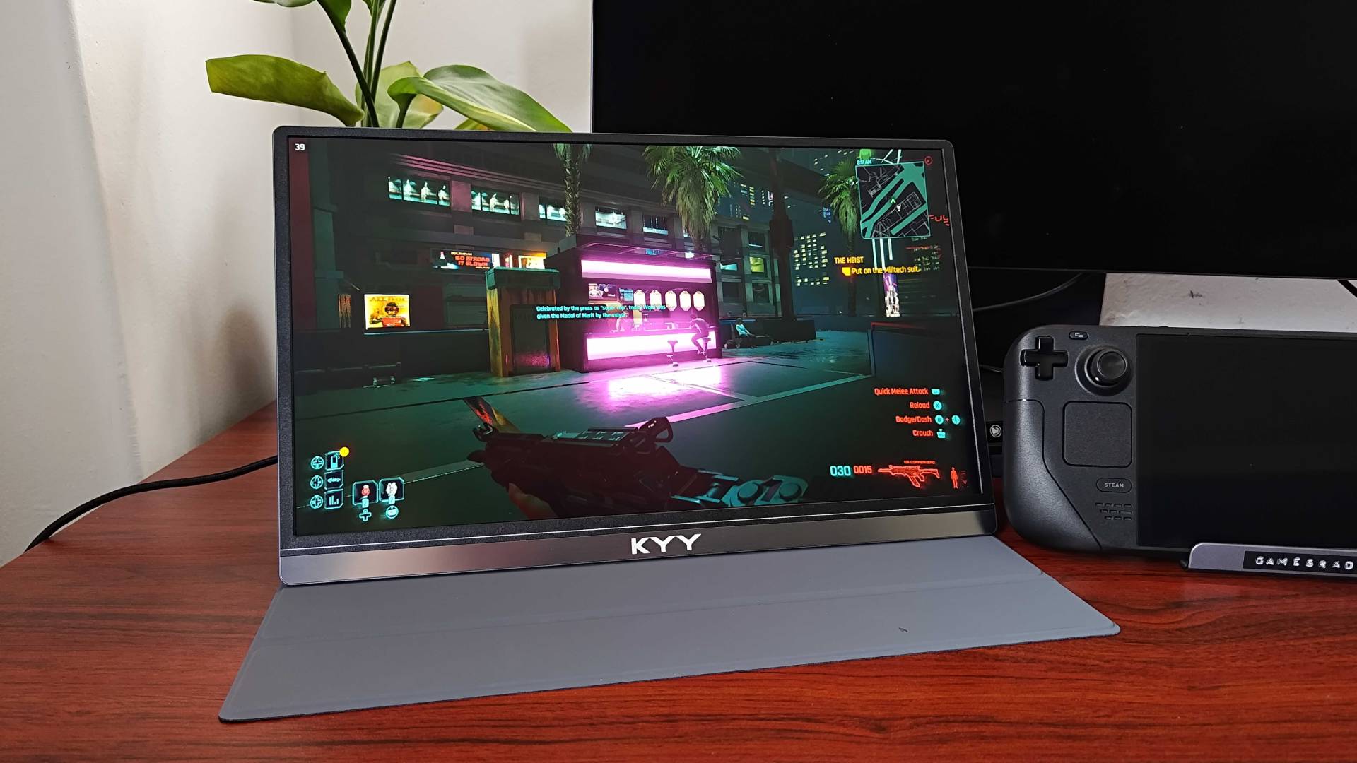 KYY K3 Portable Monitor connected to Steam Deck OLED running Cyberpunk 2077.
