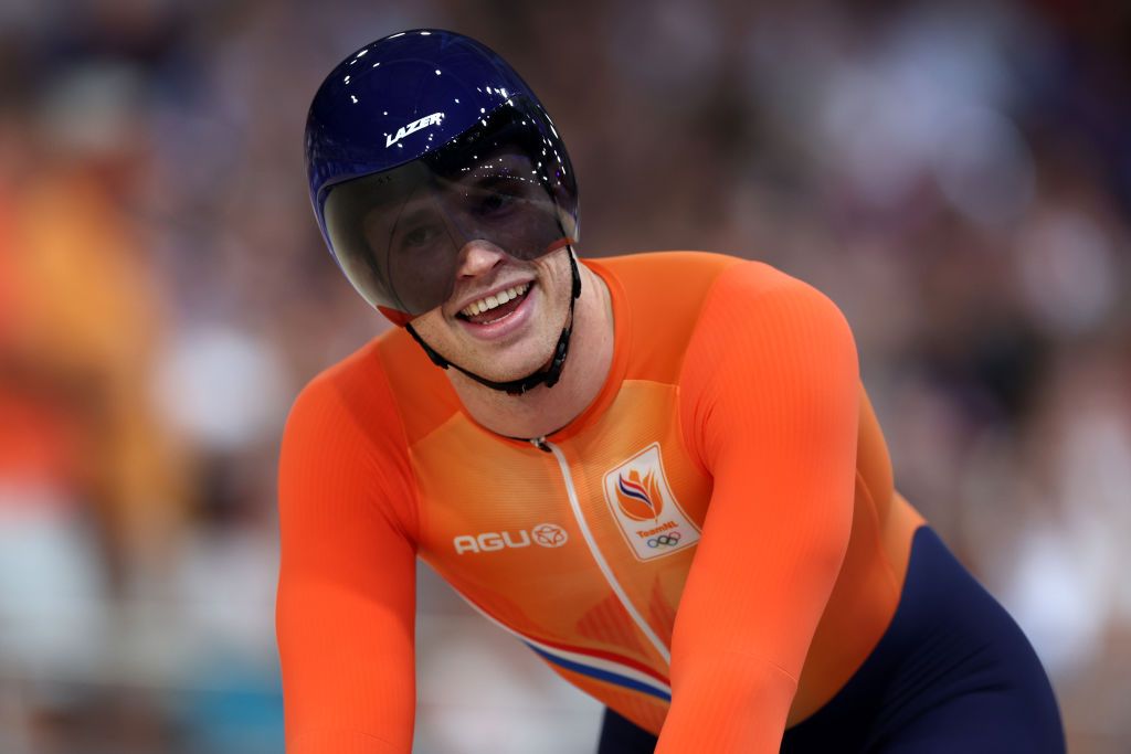 PARIS FRANCE AUGUST 05 Harrie Lavreysen of Team Netherlands celebrates during the Mens Team Sprint Qualifiers on day ten of the Olympic Games Paris 2024 at SaintQuentinenYvelines Velodrome on August 05 2024 in Paris France Photo by Alex BroadwayGetty Images