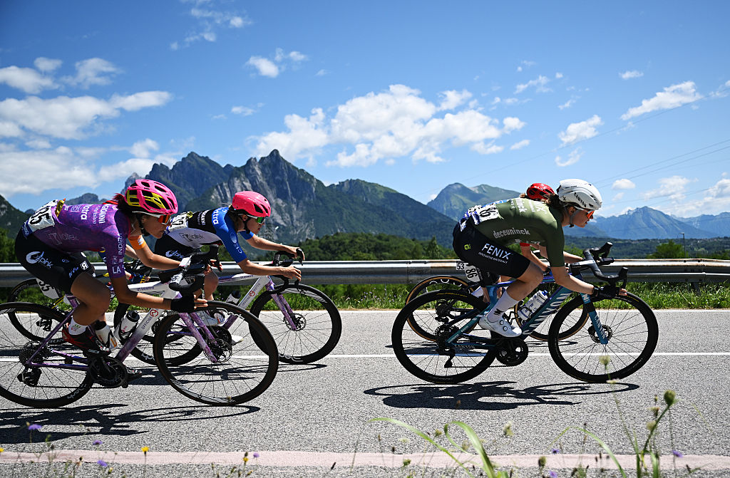 PIANEZZE, ITALY - JULY 09: (L-R) Gaia Segato of Italy and Team BePink - Imatra - Bongioanni and Marthe Truyen of Belgium and Team Fenix-Deceuninck compete during the 36th Giro d'Italia Women 2025, Stage 4 a 142km stage from Castello Tesino to Pianezze (Valdobbiadene) 1083m / #UCIWWT / on July 09, 2025 in Pianezze, Italy. (Photo by Luc Claessen/Getty Images)