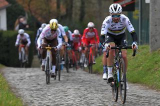 NINOVE BELGIUM FEBRUARY 27 Julian Alaphilippe of France and Team Deceuninck QuickStep during the 76th Omloop Het Nieuwsblad 2021 Mens Race a 2005km race from Ghent to Ninove Cobblestones OmloopHNB OHN21 FlandersClassic on February 27 2021 in Ninove Belgium Photo by Luc ClaessenGetty Images