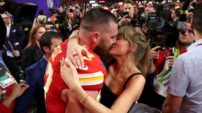 Travis Kelce and Taylor Swift embrace after the Kansas City Chiefs&#039; Super Bowl win