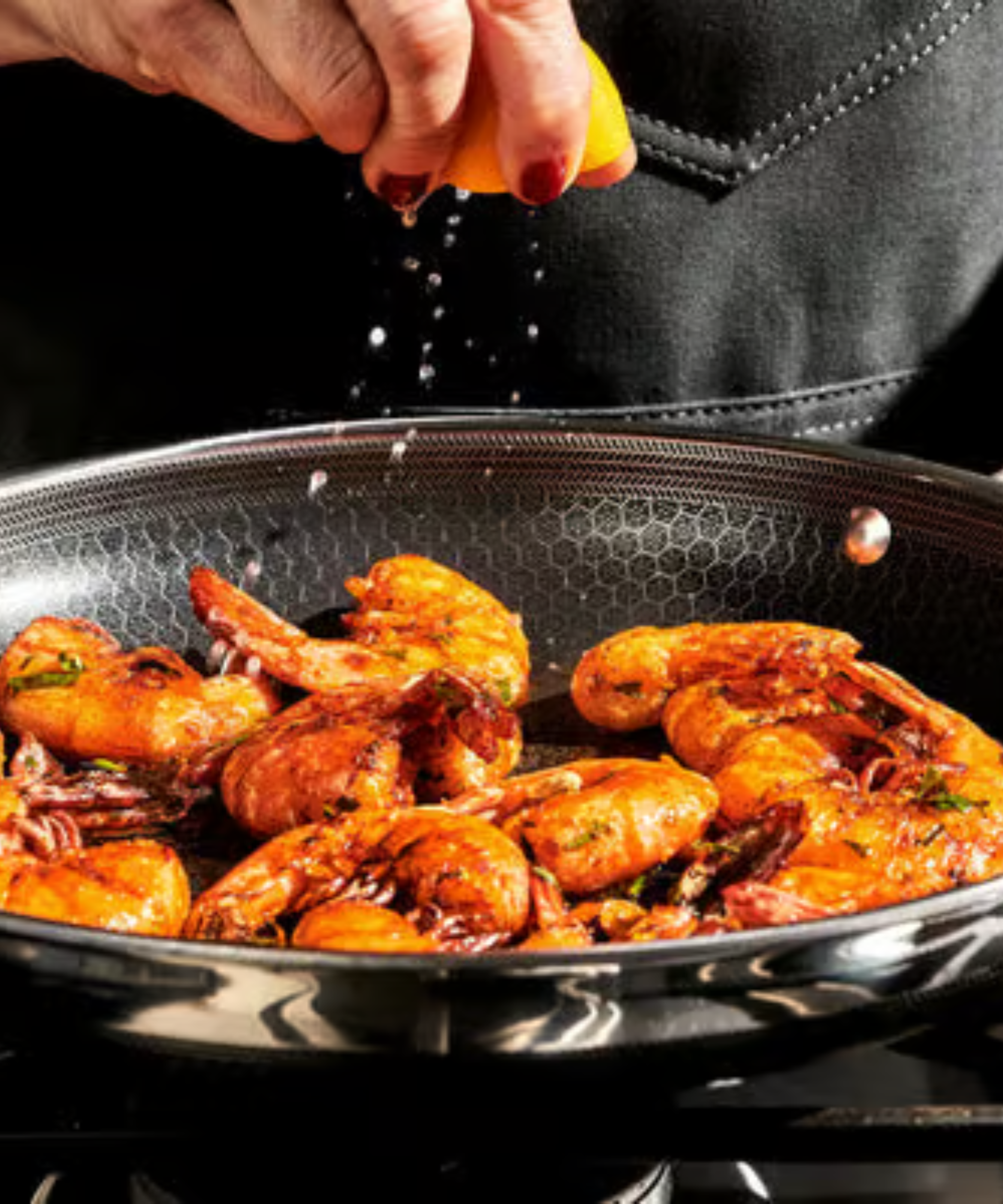 Hexclad pan sizzling king prawns
