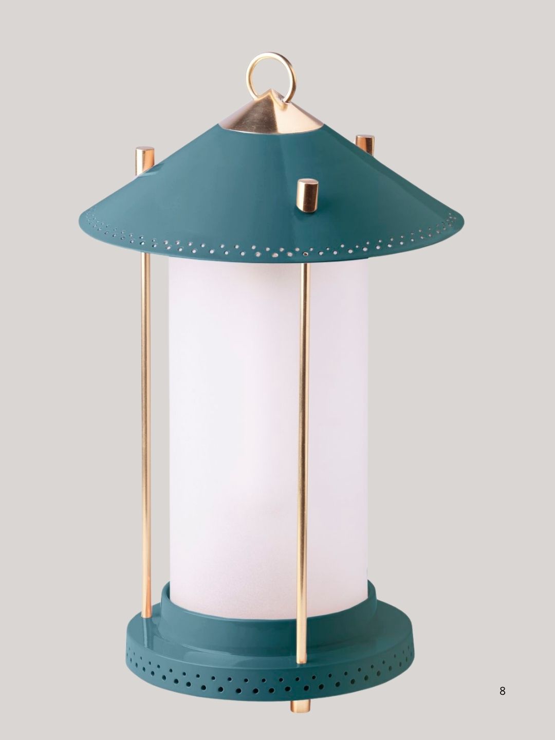 A dark teal lantern on a light gray background.