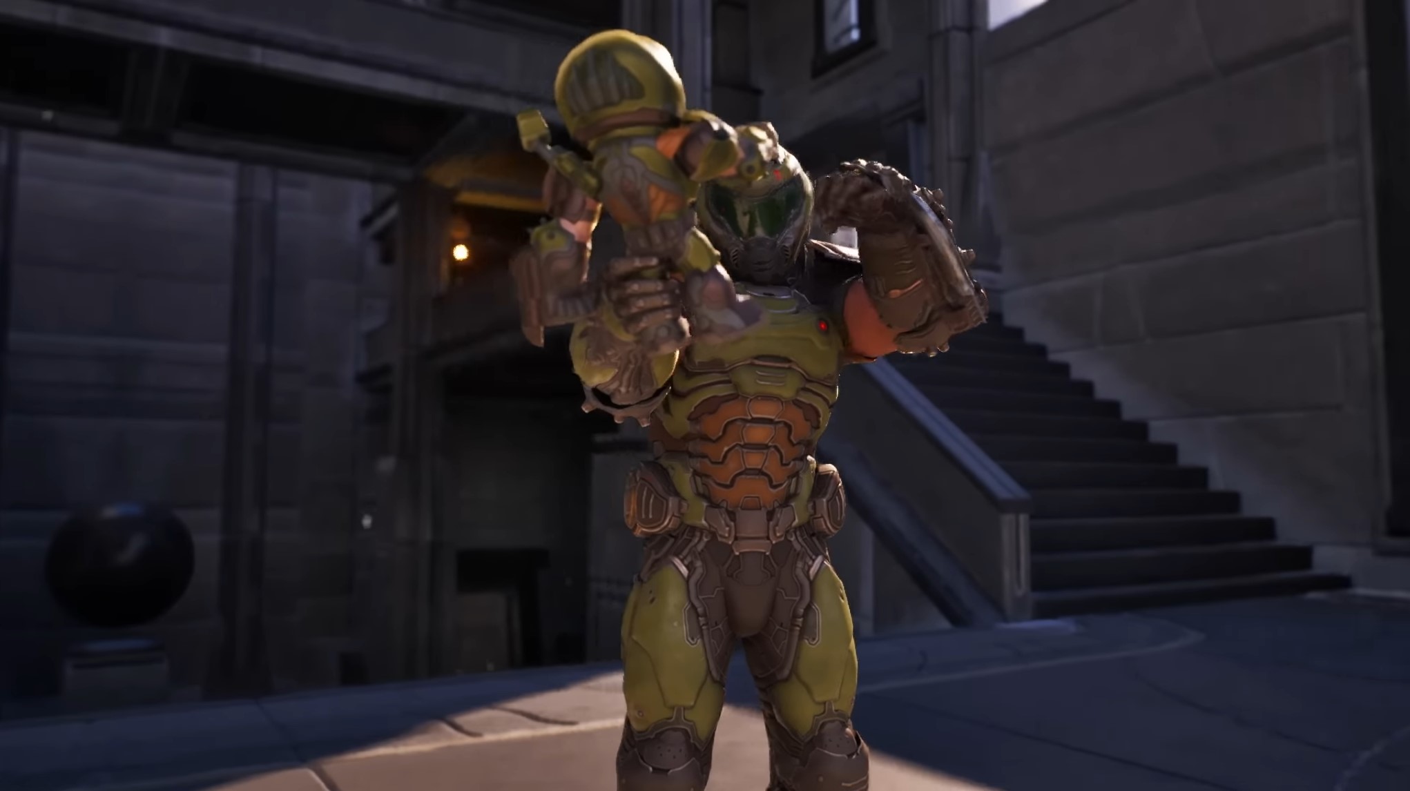 Doom slayer fist bumps his little toy friend in Fortnite