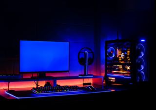 High-End Computing gaming set monitor with a blue screen