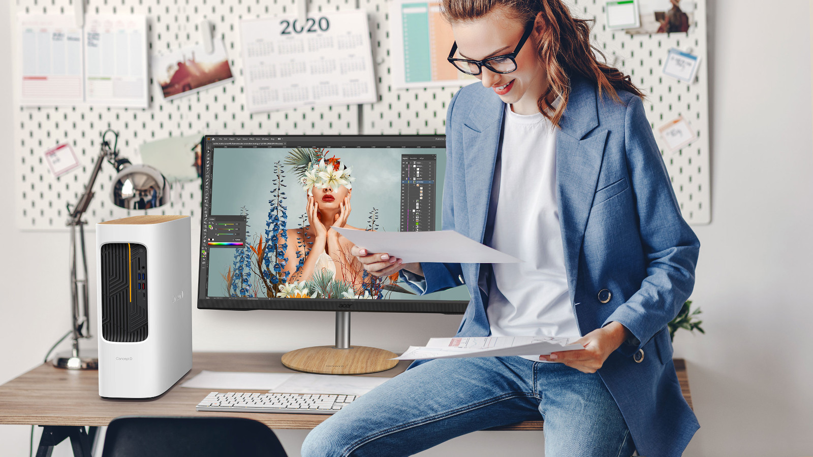 Gambar gaya hidup seorang wanita muda menggunakan komputer desktop Acer ConceptD 100