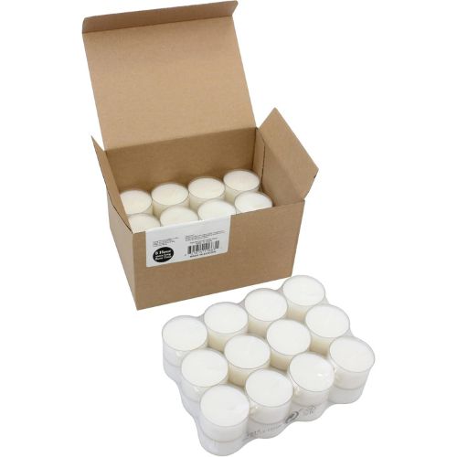 Cardboard box filled with small white votive candles