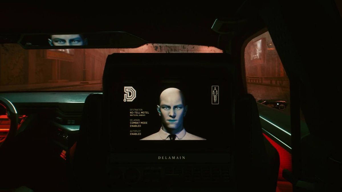 Delamain on the backseat of a car in Cyberpunk 2077.