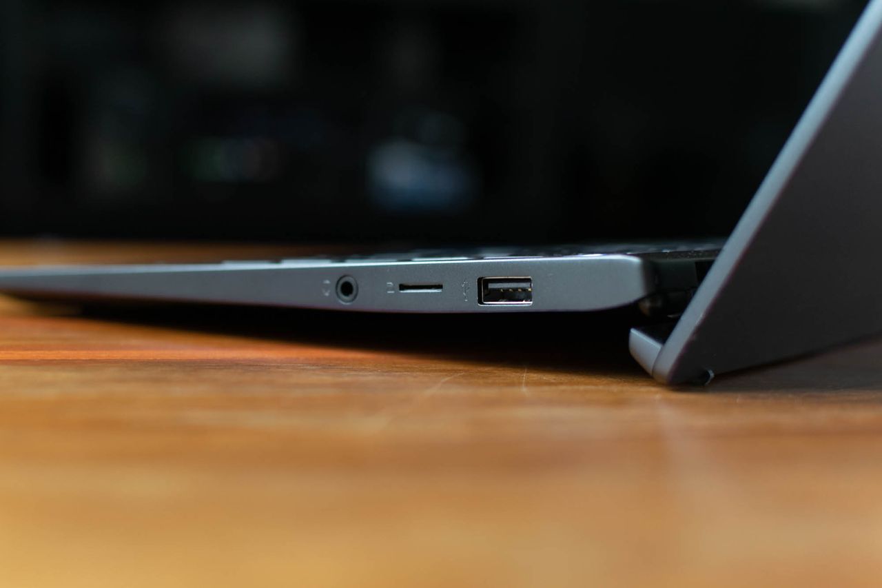 A closeup of the MSI Prestige 14 Evo's ports