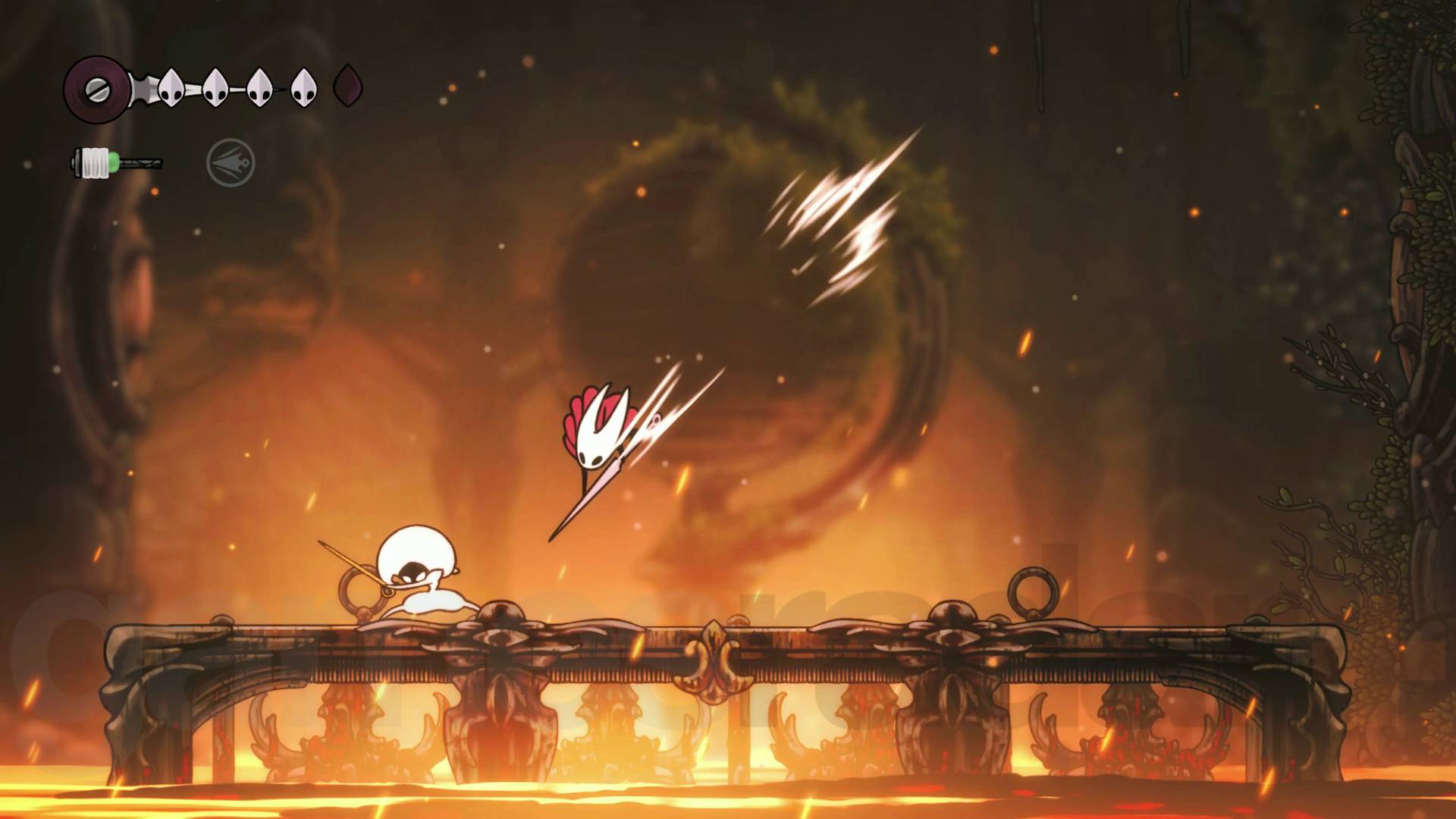 Hollow Knight Silksong bosses Hornet diving at Lace