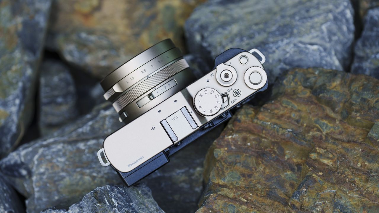 The Gold Titanium Special Edition of the Panasonic Lumix L10 compact camera, sat on gray and rust-colored rocks