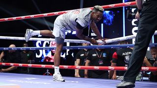 William Scull enters the ring during the media workout ahead of his IBF, WBC and WBO World Super Middleweight titles fight against Canelo Alvarez