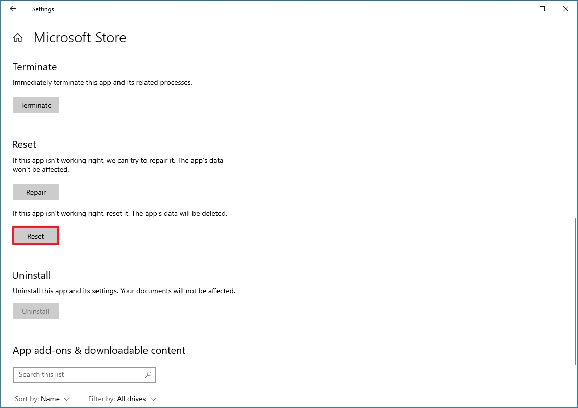 Вариант сброса приложения Microsoft Store
