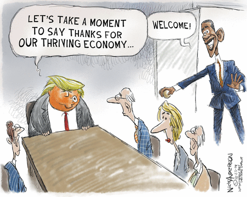 Political Cartoon U.S. Trump Thriving Economy Obama Thanks