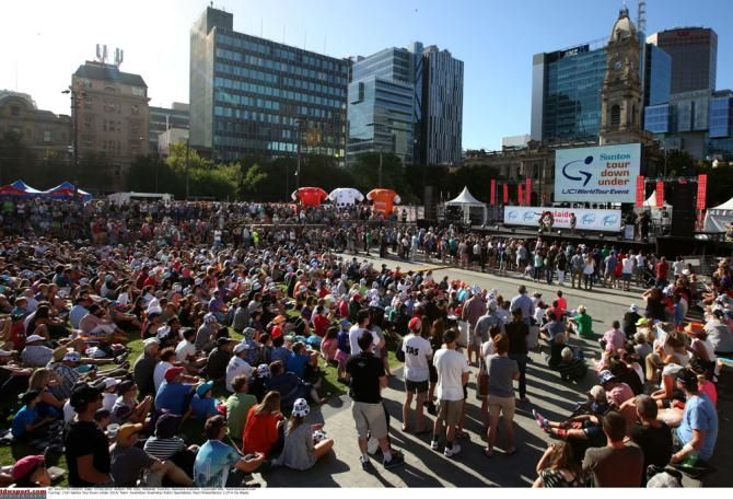 Crowds attend the Tour Down Under presentation on Saturday