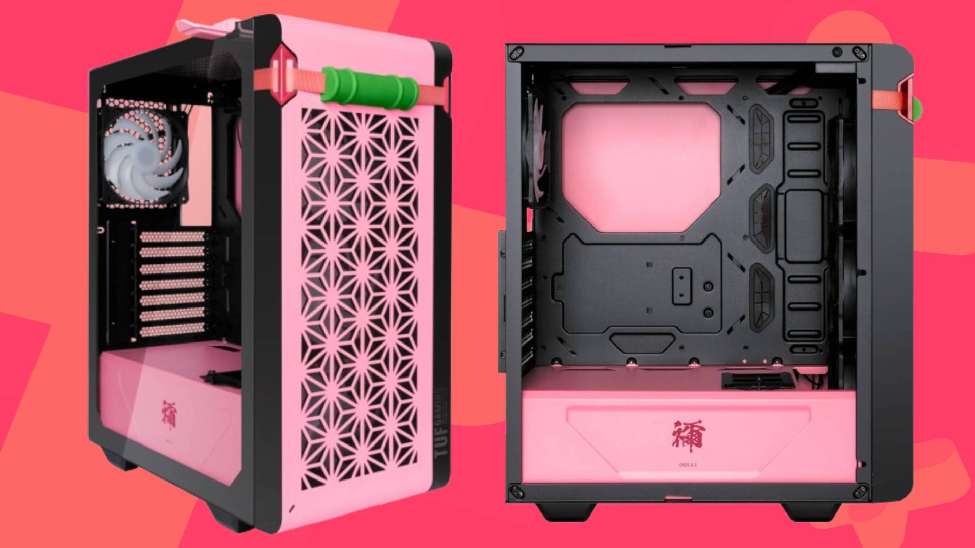 Official product images of the Asus TUF Gaming GT30 Demon Slayer edition case, sitting on a pink GamesRadar+ background.
