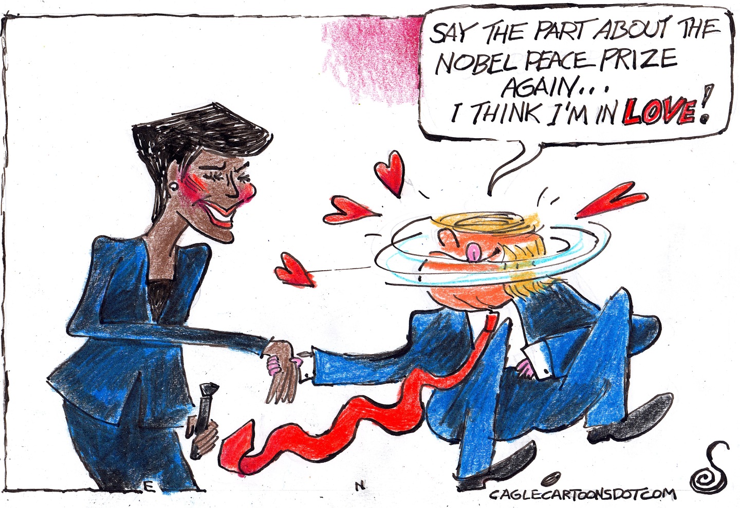 This cartoon depicts a love-struck Donald Trump holding hands with a female reporter from Africa. He says, “Say the part about the Nobel Peace Prize again. I think I’m in love!”