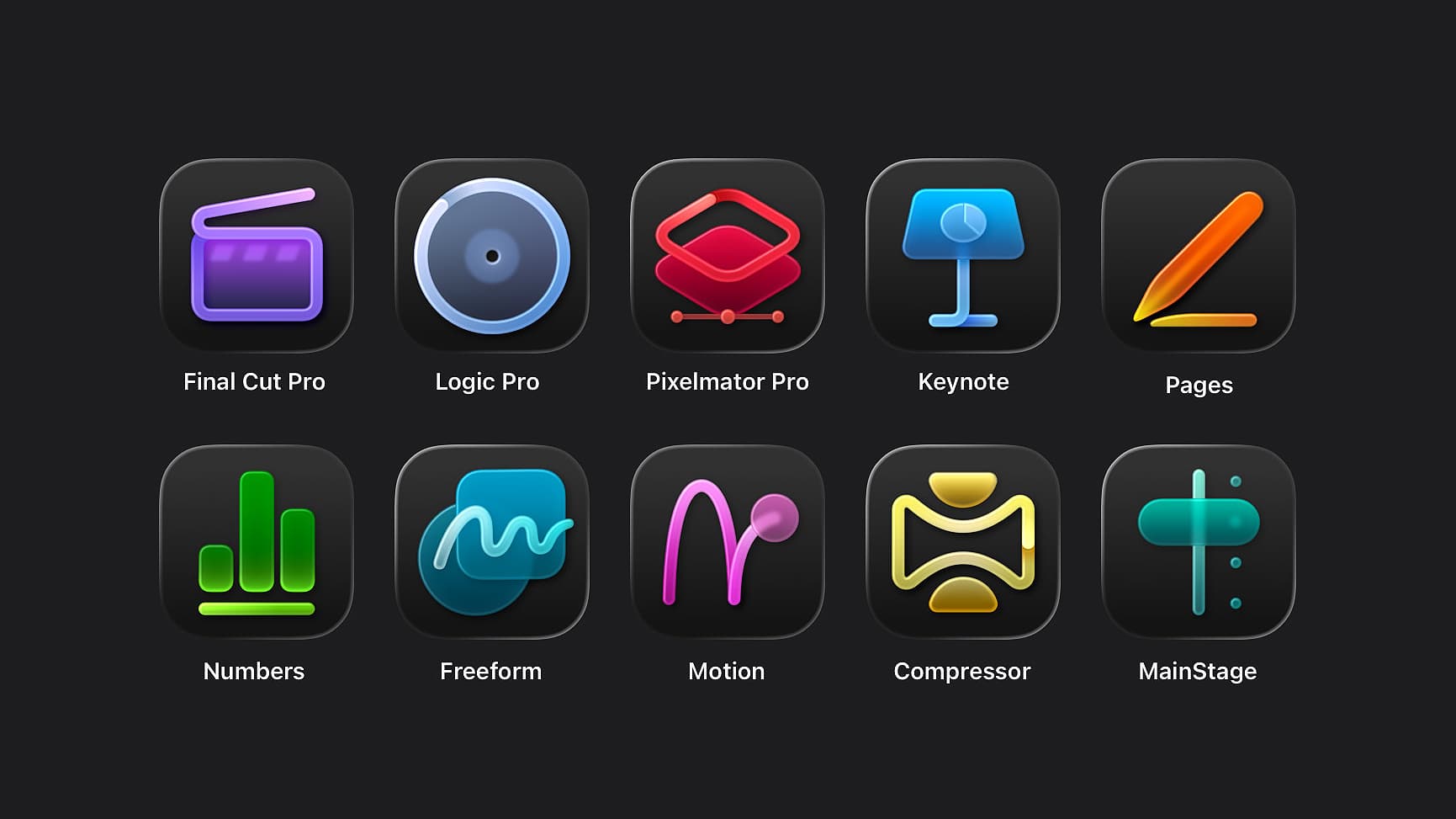 The icons of every app included in the Apple Creator Studio subscription.