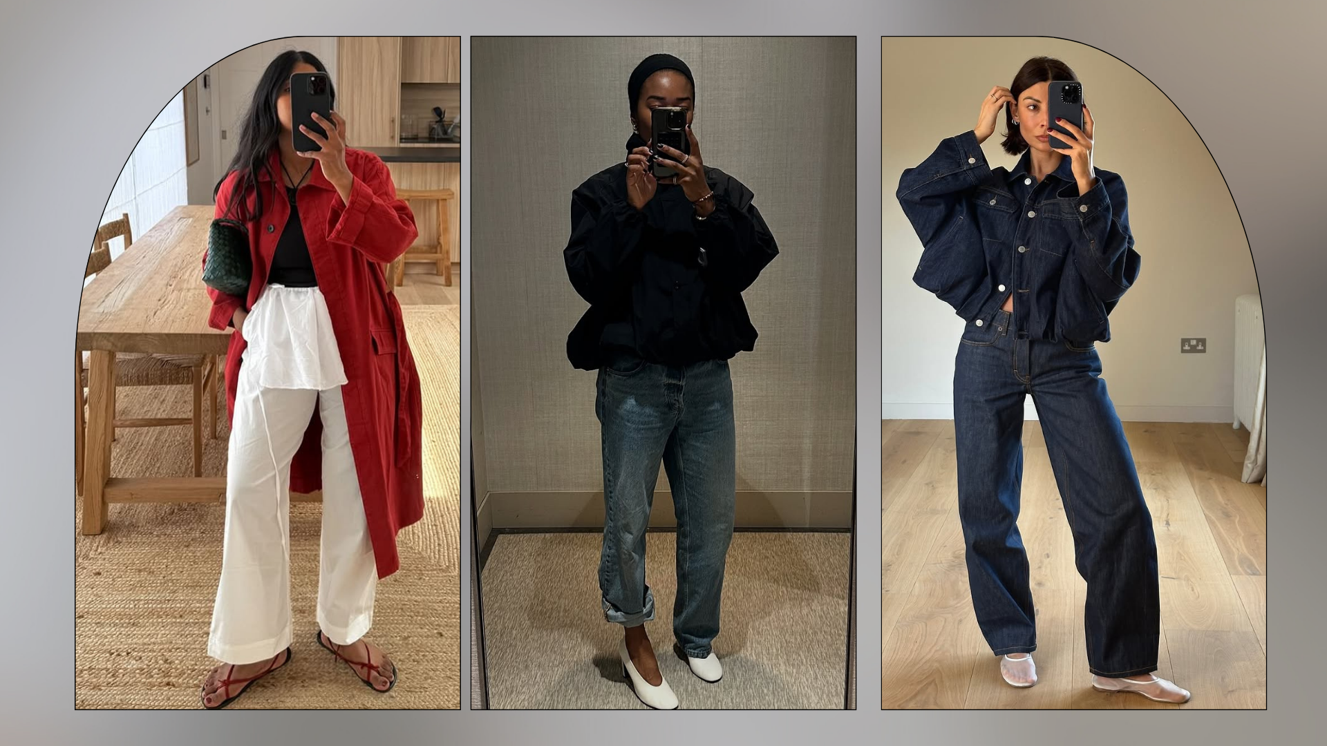 Three influencers in Massimo Dutti, Cos and Reformation. The first wears a red trench white linen trousers, white linen skirt and brown sandals, the second is in a black jacket, blue denim jeans and white heel and the last is in a double denim outfit and white mesh shoes. 